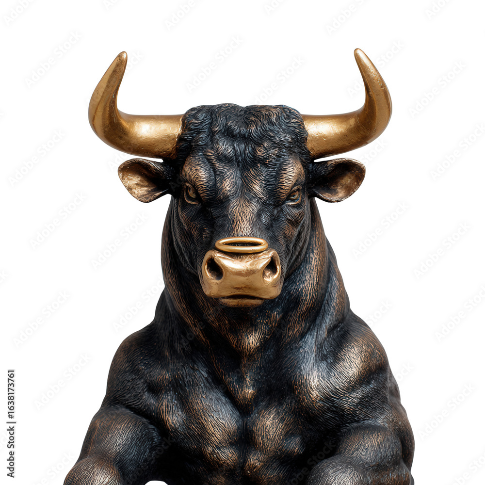Naklejka premium Realistic Bronze Bull Sculpture with Detailed Features, Symbol of Strength and Prosperity in Art and Decor