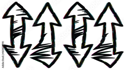 Four sketched arrows pointing up and down in pairs with black outlines and colorful accents design