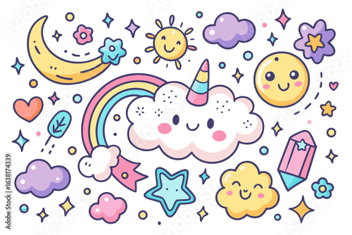 innovative creative digital colorful vibrant crisp clean stylish elegant modern detailed professional high quality A whimsical illustration of a unicorn cloud with a rainbow and stars
