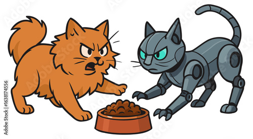 Cartoon Battle Between Real Cat and Futuristic Robot Cat