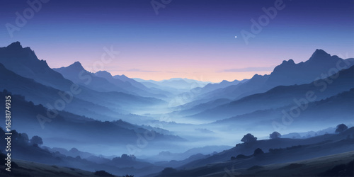 Peaceful Misty Mountain Ranges in Soft Morning Light and Blue Hues.