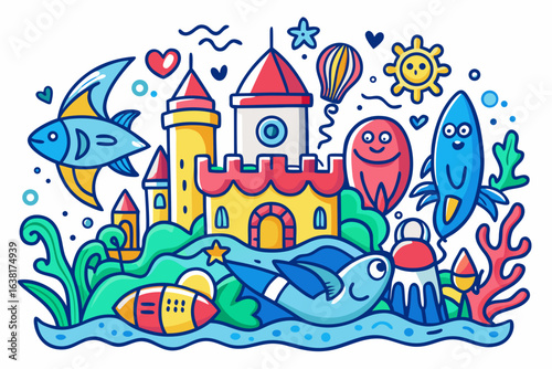 stunning premium contemporary innovative creative digital colorful vibrant crisp clean stylish elegant modern detailed professional high quality Colorful Beach Scene With Fish Castle and Beach Ball