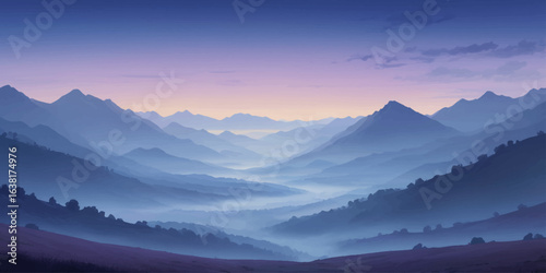 Serene Mountain Landscape at Dawn with Fog and Pastel Sunrise Colors.