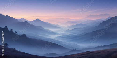 Dreamy Blue Mountain Valley with Misty Sunrise Sky and Layered Ridges.