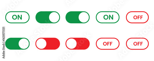 Power on or off button. Set of switch button icon set. Turn on and turn off switch button. On and off toggle switch buttons. Set of power On and Off switch icon collection. Toggle switch symbol.