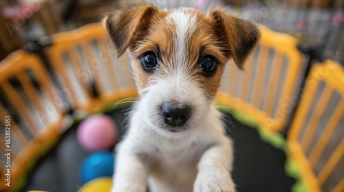 Fototapeta Naklejka Na Ścianę i Meble -  A cute terrier puppy standing on its hind legs inside a playpen