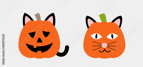 Set of Halloween pumpkin dressed as a cat.
Cute Jack-o'-Lantern pumpkin element design.
Halloween pumpkin flat vector illustration.