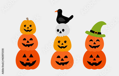 Set of stacked Halloween pumpkins with crows.
Cute Jack-o'-Lantern pumpkin element design.
Halloween pumpkin flat vector illustration.