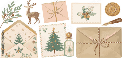 Christmas deer envelope and gift with festive greenery and vintage ink pen present