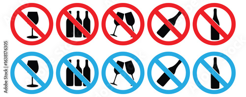 No alcohol vector icon. Set of no alcohol vector signs.No alcohol sing vector Do not drink alcohol in this area. No drink vector illustration.Signs prohibit bringing or drinking alcohol