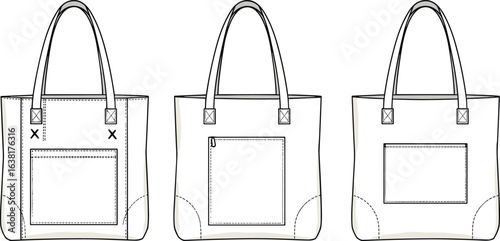 CAD drawing flat vector illustration of tote bags, handbag sketches, fashion design, sewing patterns, technical drawing, accessory design, bag vector