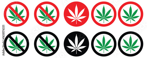 No drugs.marijuana leave sign Leaves plant. Plants joints pictogram Hemp cannabis capsule.Marijuana prohibition symbols in red, black and white, representing legal restrictions