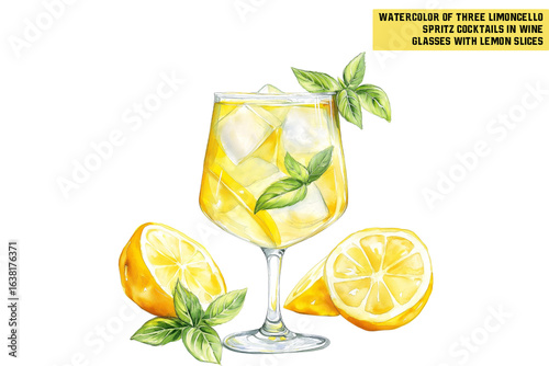 Glass of Hugo Spritz cocktail with ice, lime wheels and mint leaves on light green background. Watercolor illustration of refreshing summer drink. Summer cocktail and aperitif concept.