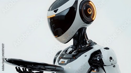 3D render of a sleek, white robotic head against a bright background, showcasing futuristic design elements.