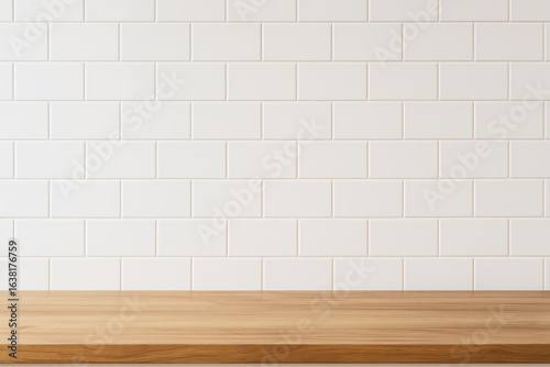 Minimalist Wooden Countertop with White Subway Tile Wall Background, Modern Kitchen Interior Design Mockup
