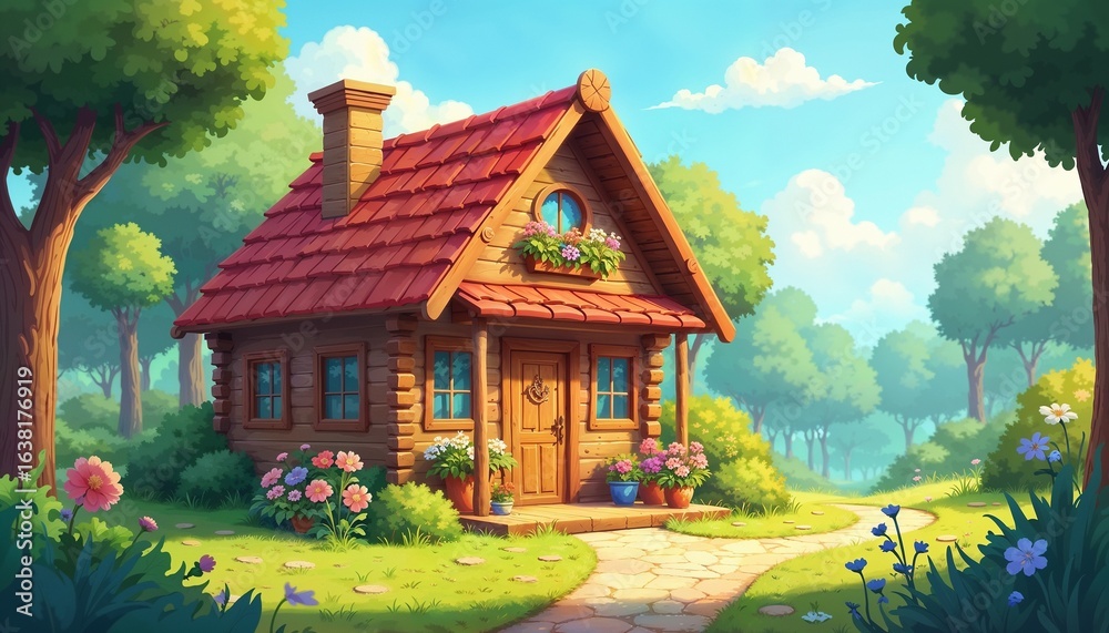 Obraz premium Charming cartoon cottage representing a fairytale escape in a sunny forest clearing