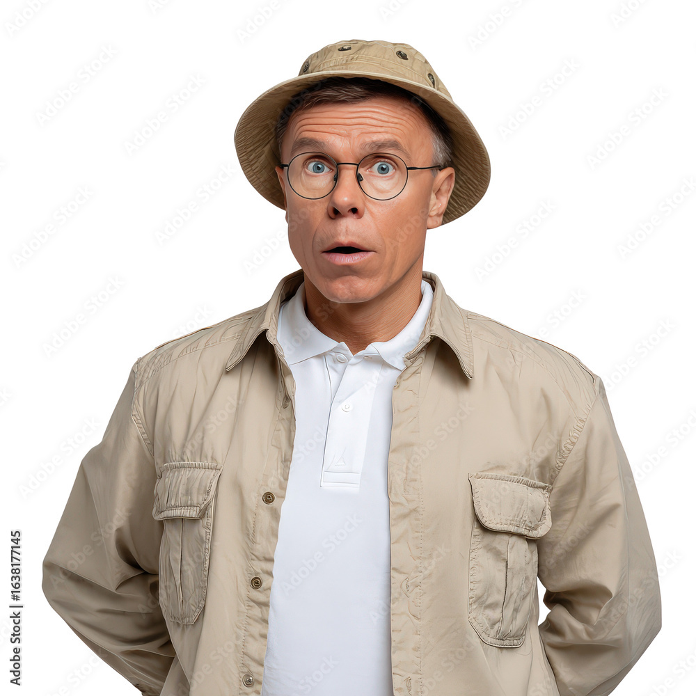 Surprised man with glasses and hat, wearing light shirt, looking amazed in outdoor setting, expression of disbelief Surprised man with glasses and hat, wearing light shirt, looking amazed in outdoor setting, expression of disbelief