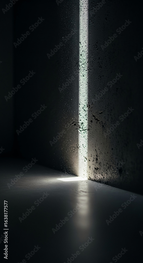 Obraz premium Dark concrete wall with a single, vertical light beam illuminating a floor corner, creating a minimalist and dramatic scene, symbolic of hope, clarity, or a new beginning