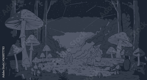Digital illustration of a celestial horse in a fantasy mushroom forest under cosmic constellations.