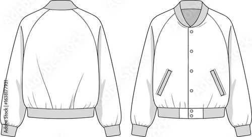 Fashionable bomber jacket CAD drawing, front and back view, technical flat vector illustration, stylish outerwear design, apparel template, Adobe Stock