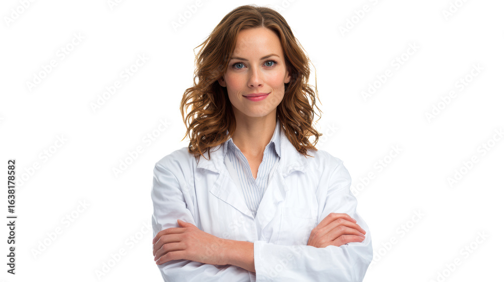 Confident woman in lab coat with arms crossed, isolated on white background. Confident woman in lab coat with arms crossed, isolated on white background.