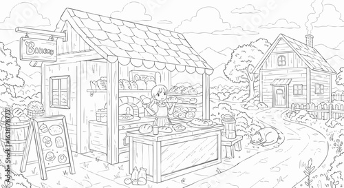 Whimsical coloring page illustration of a rustic bakery stall in a charming countryside village with a cottage.