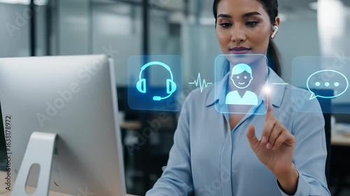 Engaged professional woman utilizes advanced AI technology for seamless customer service interaction via holographic interface in a modern office environment.