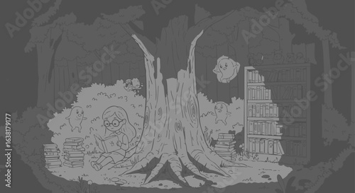 A world of knowledge in a magical hollow tree, a fantasy illustration of a secluded library and a studious reader.