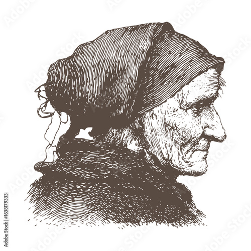 Old Medieval Peasant Woman Side Profile Engraving Vector