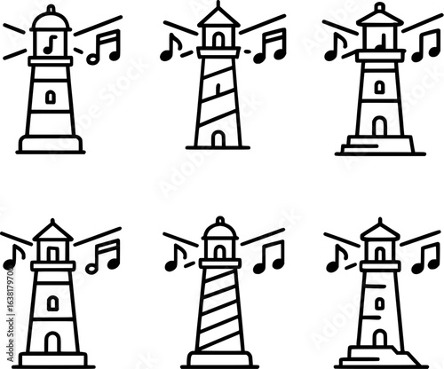 Lighthouse shining musical notes vector icon set