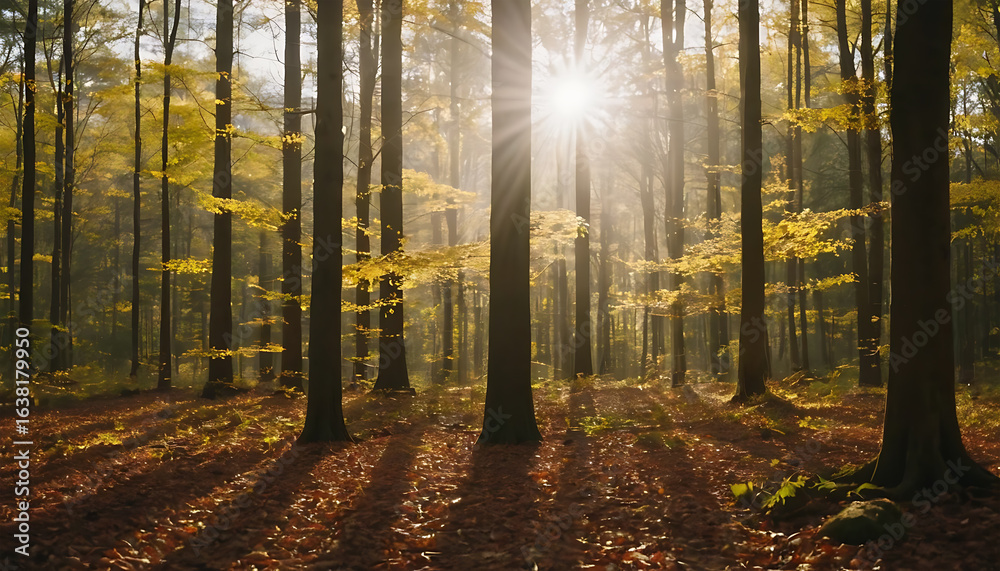 Fototapeta premium Sunlight Filtering Through Autumn Forest Trees in Morning Light