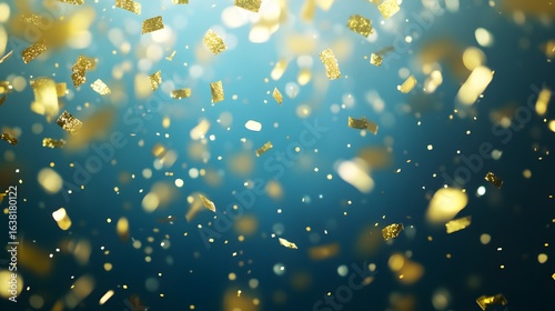 Digital illustration of falling gold confetti against a teal background.