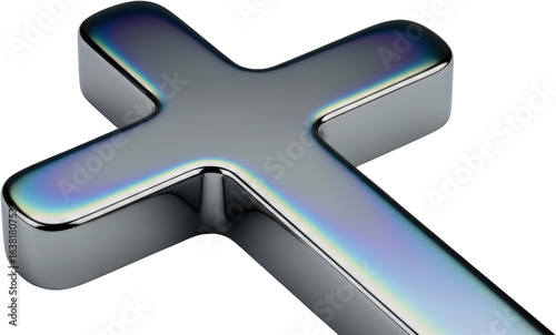 Polished chrome Christian cross with iridescent highlights isolated on black Metal Religion Faith Spirituality transparent background
