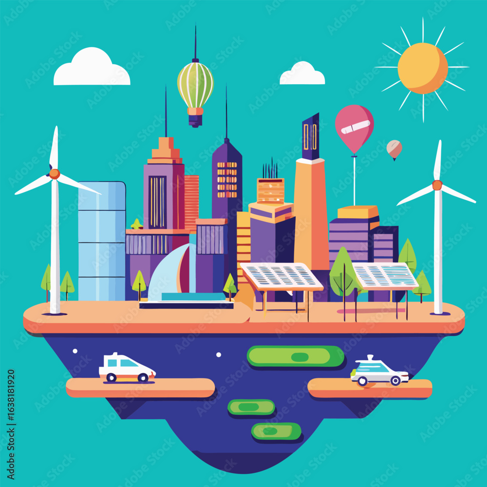 Obraz premium Futuristic Eco City Vector Skyline with Renewable Energy and Flying Cars — Isometric Design