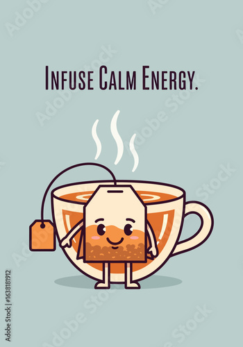 Cartoon teabag character in cup with steam Infuse Calm Energy