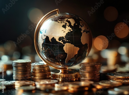 Golden globe sits on stacks of coins, representing global finance and wealth.