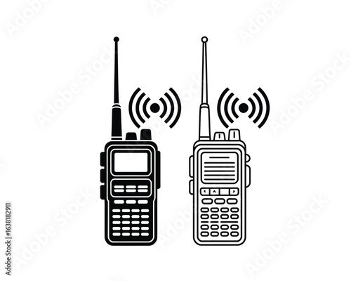 Walkie-talkie icon set. Handheld portable radio transceiver vector graphic in solid and outline styles.