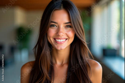 Wallpaper Mural model woman with long straight silky hair on a gray background smiling for advertising shampoos, toothpastes Torontodigital.ca