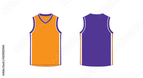 Front and Back View of a Sleeveless Basketball Jersey with Purple Trim