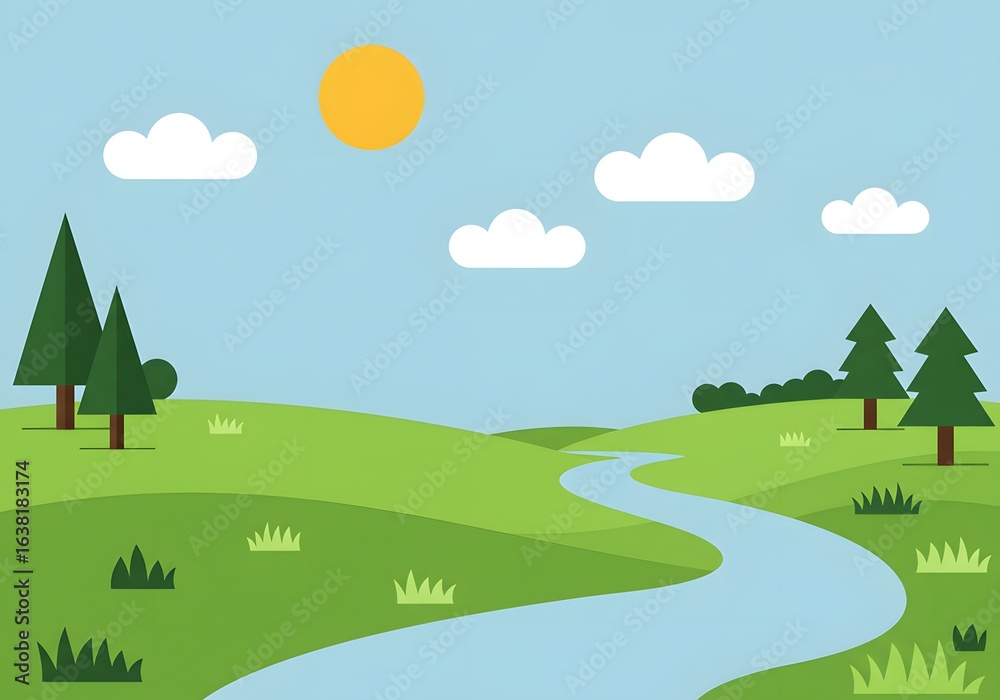 Fototapeta premium Idyllic countryside scenery with a river flowing through rolling green hills under a sunny sky. Flat vector art.
