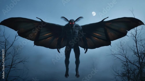 Mysterious creature with large wings soaring through a starlit night sky, illuminated by a full moon, creating a haunting and enigmatic atmosphere perfect for fantasy projects