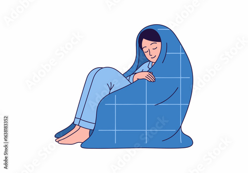 Flat vector illustration of woman wrapped in blue blanket cozy and comfortable