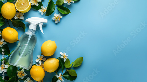 Lemon cleaning spray bottle and citrus border on blue background. Spring cleaning concept.