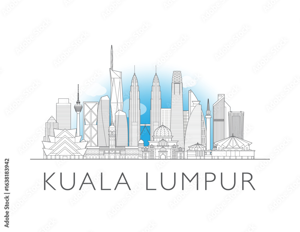 Fototapeta premium Kuala Lumpur, Malaysia cityscape illustration skyline drawing