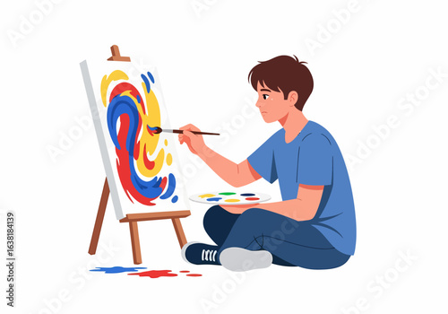 Flat vector illustration young artist painting abstract colorful artwork