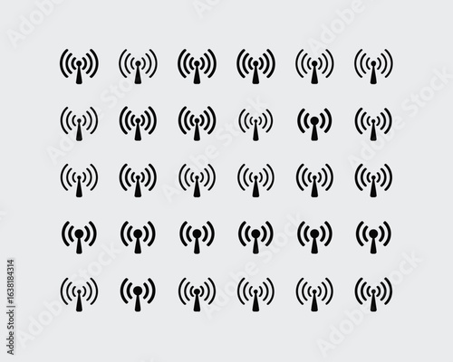 Set of wireless signal icons arranged in a grid. Concept of internet connectivity, network, and modern communication technology. Vector graphic.