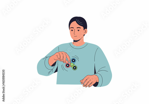 Flat illustration young person playing with fidget spinner toy