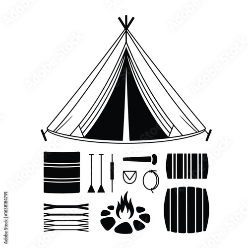 Black and white vector illustration of Sami tent (lavvu) toolkit including tripod poles, canvas cover, peg set, rope ties, and fire ring stones