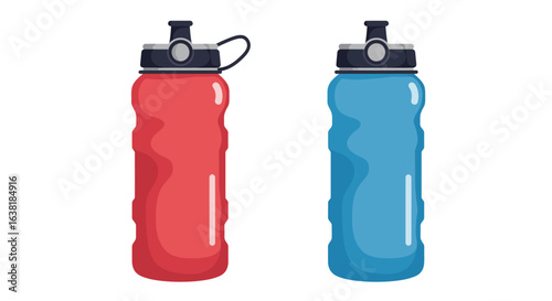 Two textured water bottles, one coral red with a loop, one light blue