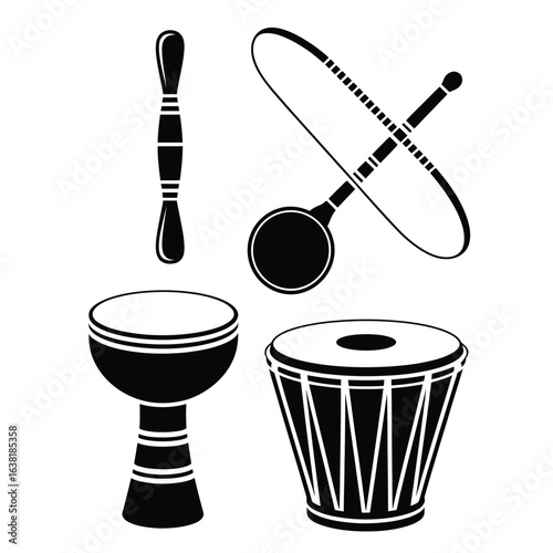 Black and white vector set of Brazilian capoeira instruments including berimbau bow, cabaça, coin stone, shaker, and rhythm drum